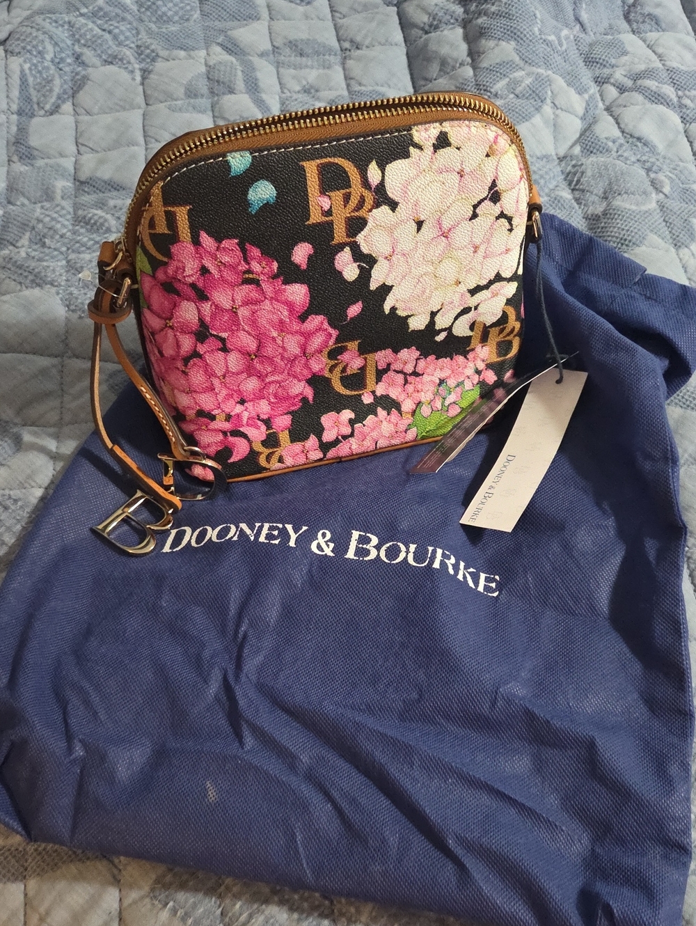 Dooney & Bourke Black Floral Logo Crossbody with Pink and Cream Blooms